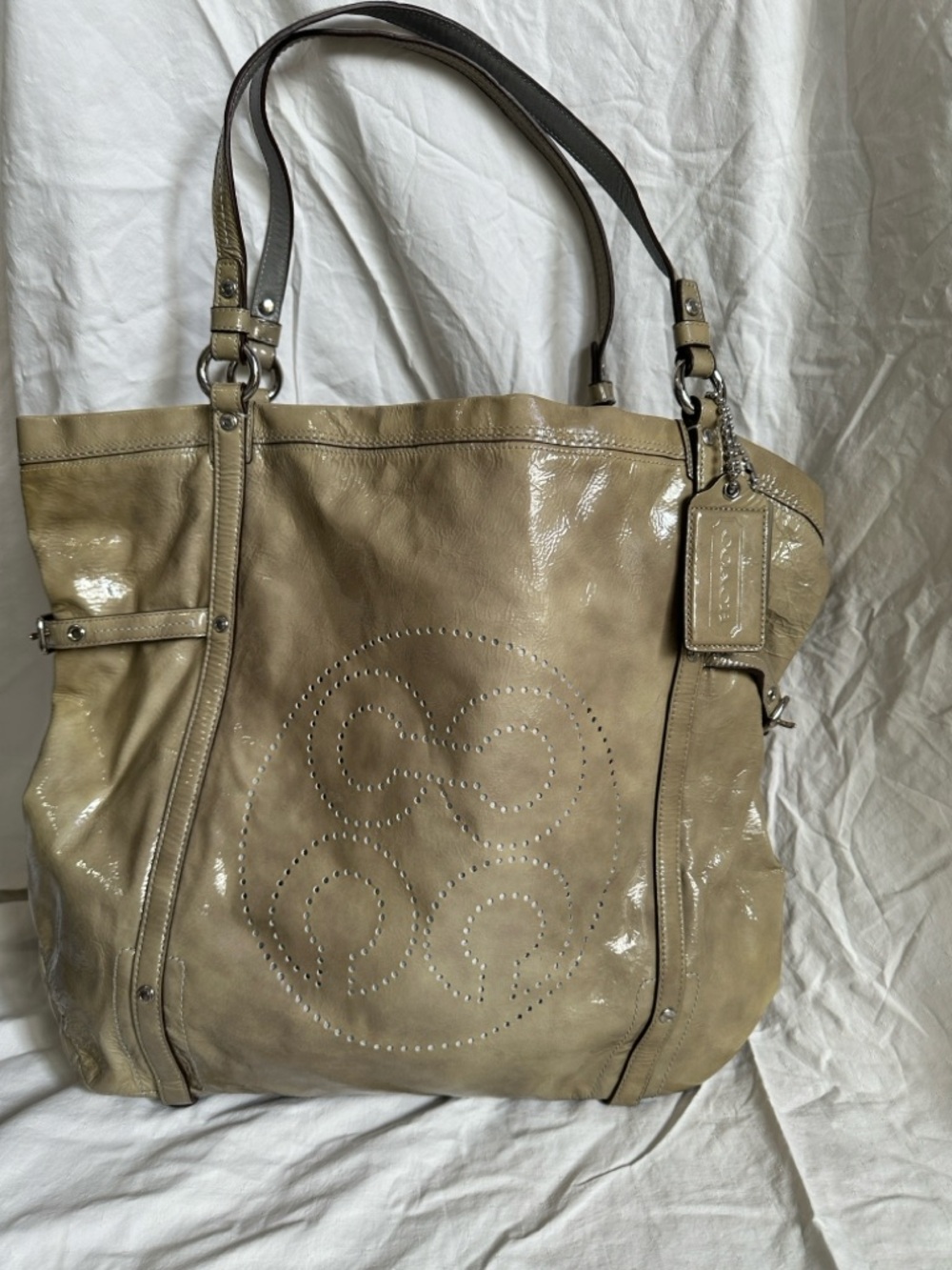 Coach Taupe Patent Leather Perforated Shoulder Tote
